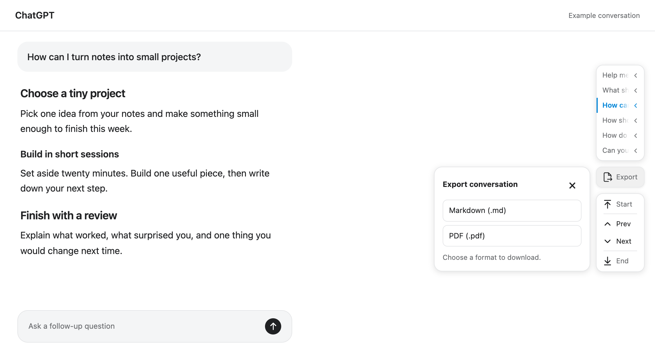 ChatPick Markdown and PDF export menu